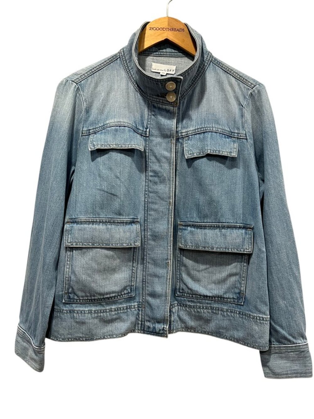 LOFT Light Wash Utility Denim Jacket, Funnel Collar, M